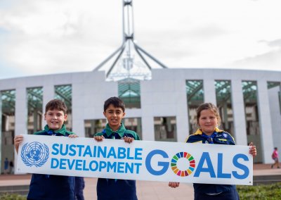 National Plastics Summit Waste Crisis Scouts out the front of Parliament House SDG Sign